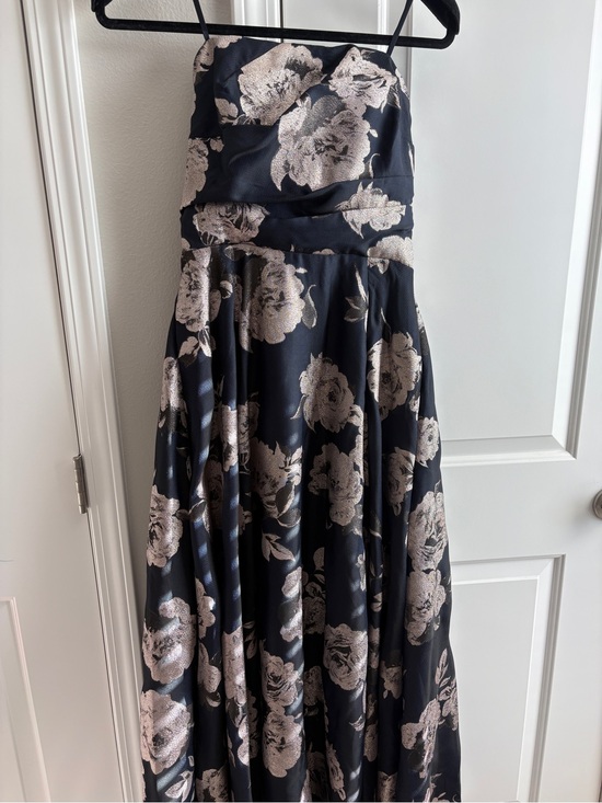 Betsy & Adam Dresses & Skirts - Betsy & Adam Black Strapless Floral Ball Gown with Silver-Taupe Roses